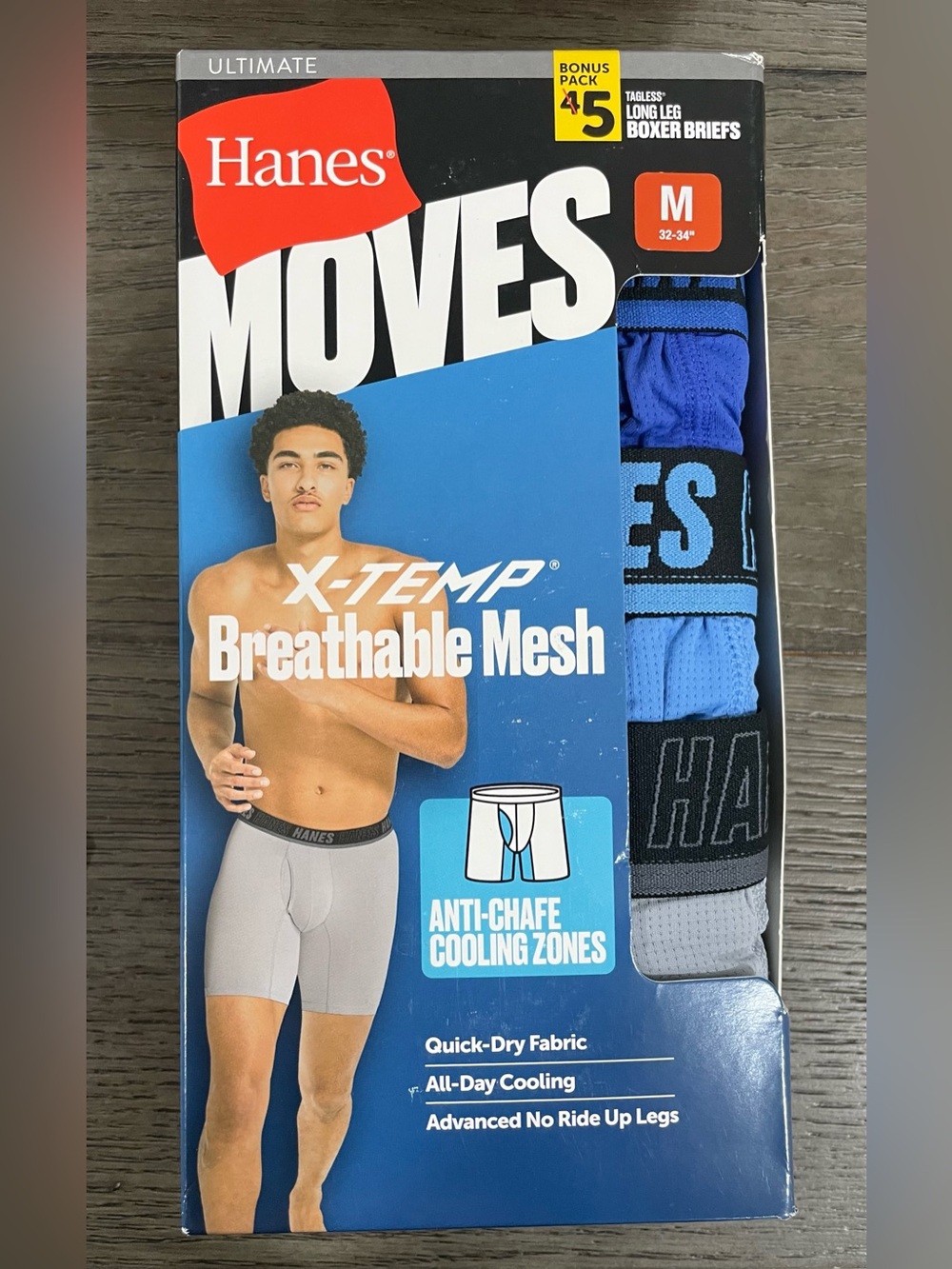 NEW Hanes Moves Tagless X-Temp Performance Stretch Boxer Briefs 5-Pack Men M